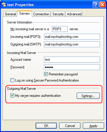 Screen shot of Outlook Express Server Properties tab