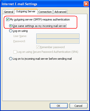 Screen shot of Outlook - Outgoing Server Properties tab (Which is located in the More Settings section)